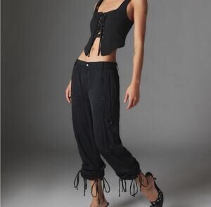 Silence+Noise Black Satin Crinkle Drawstring Tie Cargo Pants